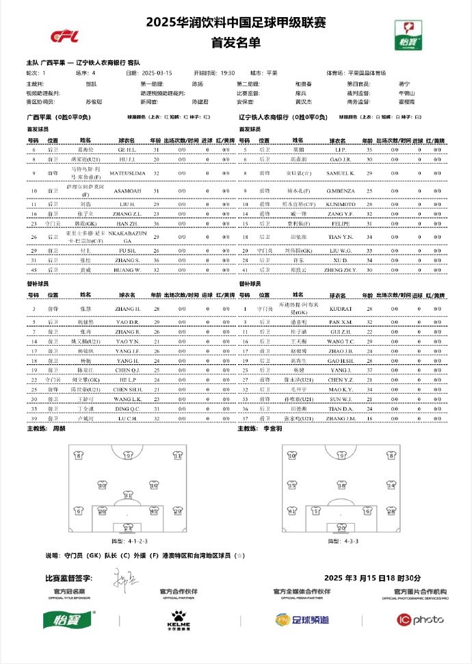 中甲-廣西平果vs遼寧鐵人首發(fā)：三外援對(duì)決三外援，安以恩出戰(zhàn)